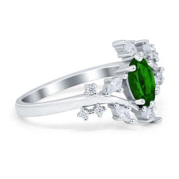 Oval Marquise Simulated Green Emerald CZ Ring 925 Sterling Silver